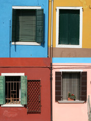Fototapeta na wymiar Collage of colourful windows of houses on Burano island, Italy