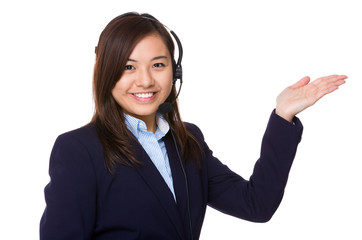 Customer services agent with open hand palm
