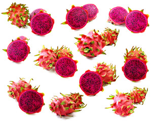 red dragon fruit cut in half with high nutrient good for health on white background