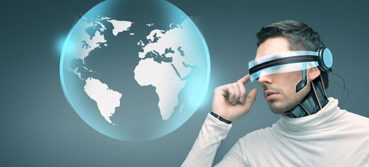 man with futuristic 3d glasses and sensors
