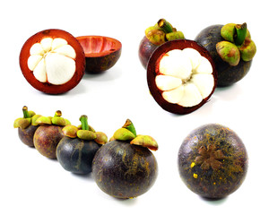 mangosteen fruit and cross section showing the thick purple skin and white