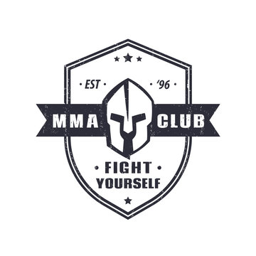 MMA Club vintage emblem with spartan helmet on shield, vector, eps10