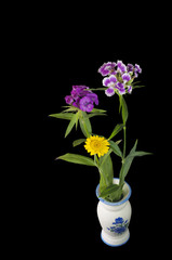 white vase with flowers on black background isolated 1