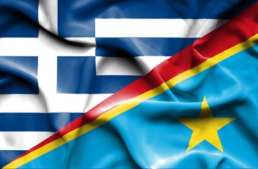 Waving flag of Congo Democratic Republic and Greece