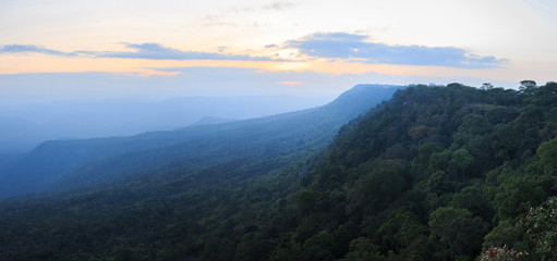 Scenic panorama view point of the winter mountains in sunset time at Phu Kradueng National Park  in Loei Province of thailand