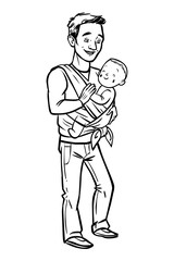 Dad holding his baby in a sling. vector illustration