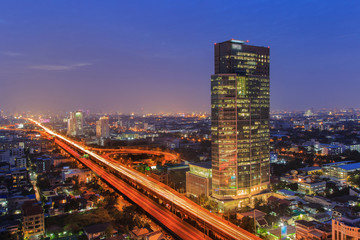 Naklejka na ściany i meble Bangkok Cityscape, Business district with high building at dusk (Bangkok, Thailand)
