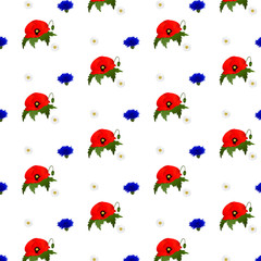 Seamless pattern with chamomile, cornflowers and poppies flowers