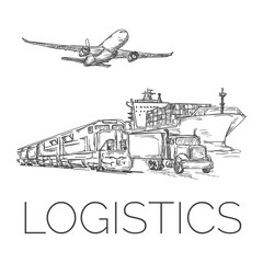 Logistics sign with plane, truck, container ship and train vector illustration