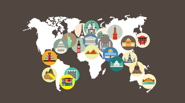 Travel landmarks on the world map