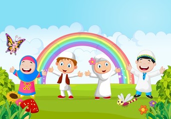 Obraz na płótnie Canvas Happy little kid with rainbow