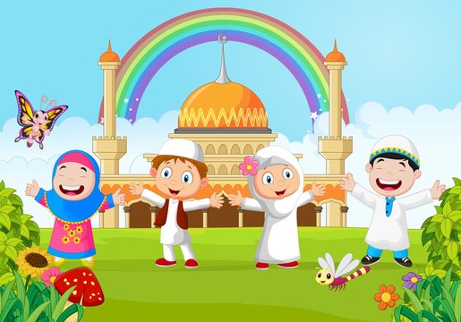 Cartoon happy kid muslim with rainbow 
