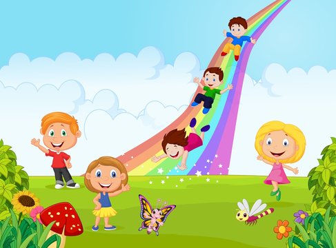 Cartoon little kids playing slide rainbow in the jungle