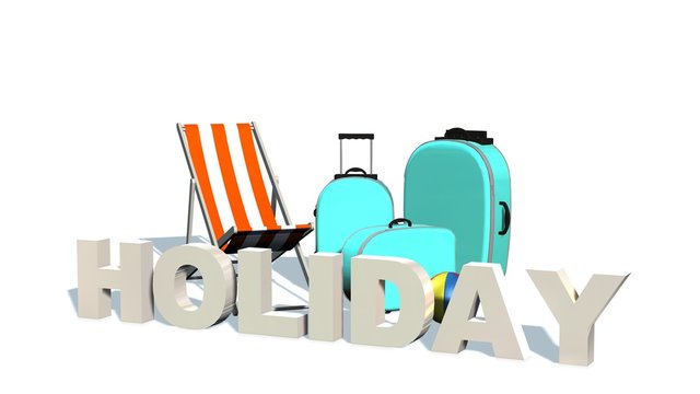 Holiday - 3D Word before travel suitcase and deck chair 