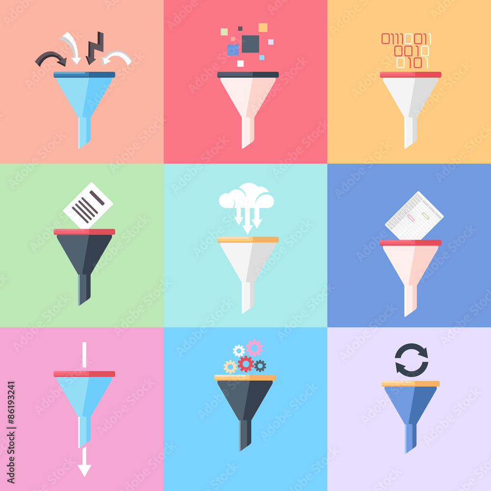 Poster flat data filter or tunnel icons set
