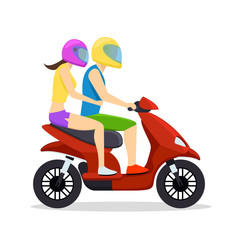 Fototapeta na wymiar Young man and woman couple riding on scooter