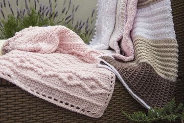 Crochet, Cable Knit Baby Blankets on Sofa with Lavender, Closeup High Contrast - 86193684