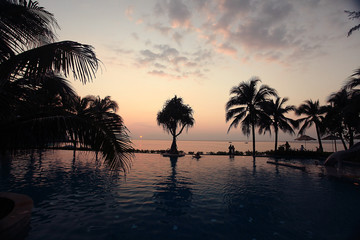 Fototapeta na wymiar sunset sea beach palms pool