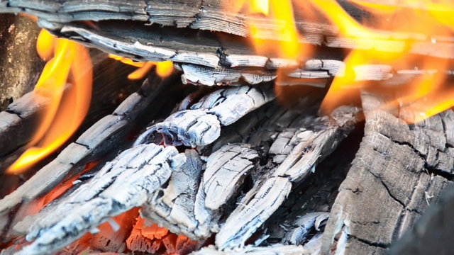 Burning wood and coal in fireplace.