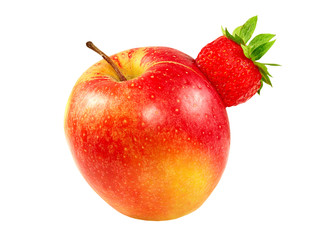 Fresh strawberry in red apple isolated on white background.