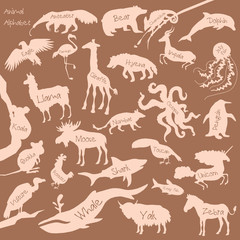 Fototapeta na wymiar Animal alphabet poster for children. Animals silhouettes with