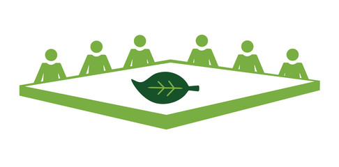 Vector flat image of people sat around a table with a leaf placed in the middle