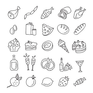Food icons hand drawn: meat, milk, vine, sweets, bread, vegetable, fruit, cake, eggs