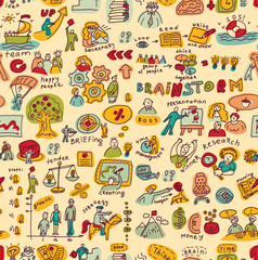 Seamless pattern with creative people color objects and icons. Color illustration.