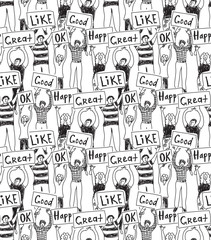 Seamless pattern big group casual happy people black and white
Very big team of young unrecognizable happy people. Black and white seamless pattern illustration.