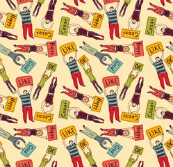 Seamless pattern group casual happy people with plates color
Group of young unrecognizable happy people. Color seamless pattern  illustration.