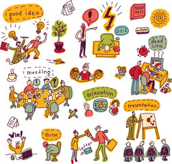 Set creative people in office business color icons isolated
Doodles set with creative people, symbols and icons. Every object is separated. Color illustration.