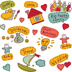 Set of goals, wishes and dreams life icons
Every object is separated.