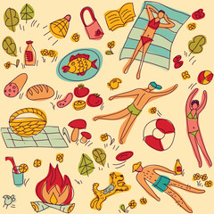 Summer vacation people objects seamless pattern color
The funny bright seamless pattern. Young people is resting on the nature. Summer  color illustration.