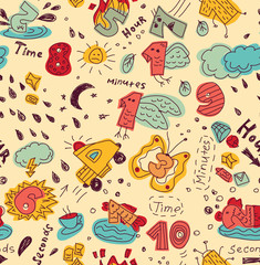 Time management metaphor doodles seamless pattern color
Time flies. Color seamless pattern illustration.