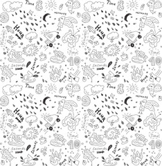 Time management metaphor doodles seamless pattern
Time flies. Black and white vector illustration.