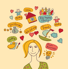 Young woman with goals, dreams and wishes  colors
Portrait of young unrecognizable woman with her abstract goals, dreams and wishes. Color illustration.