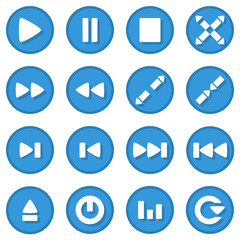 Video player icon set blue color flat design with button shadow