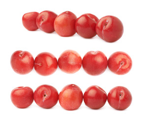 Lined up red plums isolated