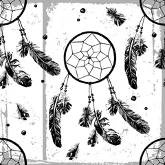 Wall murals Dream catcher seamless pattern with dream catchers and feathers