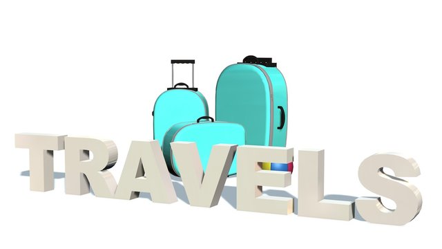 Travels - 3D Word before travel suitcase 