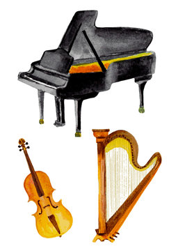 classical instruments in watercolor. vector illustration