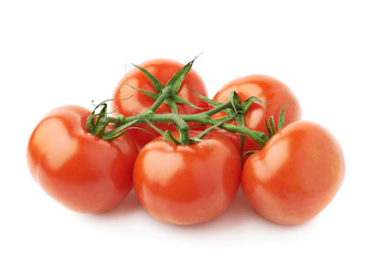 Multiple red tomatoes on a single stem
