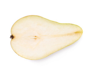 Green pear cut in half isolated