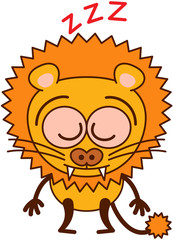Cute lion feeling exhausted and sleeping standing up