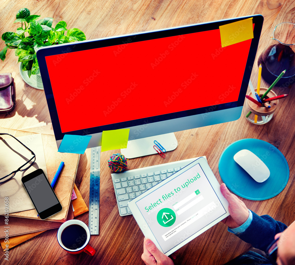 Poster businessman digital devices web uploading working concept