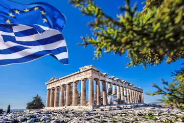 Zelfklevend Fotobehang Acropolis with flag of Greece and flag of European Union in Athens, Greece © Tomas Marek