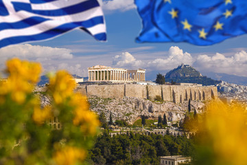 Acropolis with flag of Greece and flag of European Union in Athens, Greece © Tomas Marek