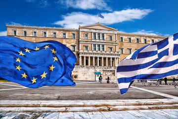 Greek Parliament with flag of Greece and flag of European Union in Athens