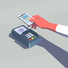 Contactless payment. Female hand holding mobile phone. NFC technology. Retro style illustration.