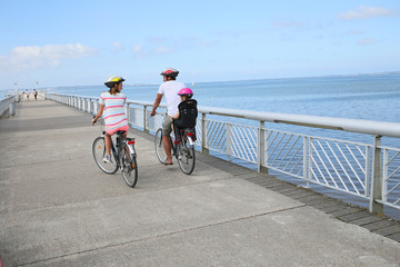 Fototapeta premium Back view of family on a biking journey by the sea